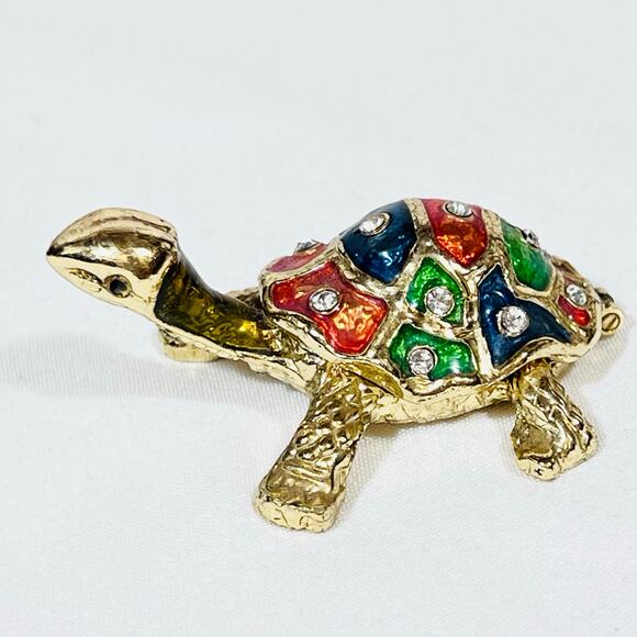 Turtle Shaped Ceramic Hinged Trinket Box Porcelain Crystals Gold Tone Multicolor - Picture 2 of 9